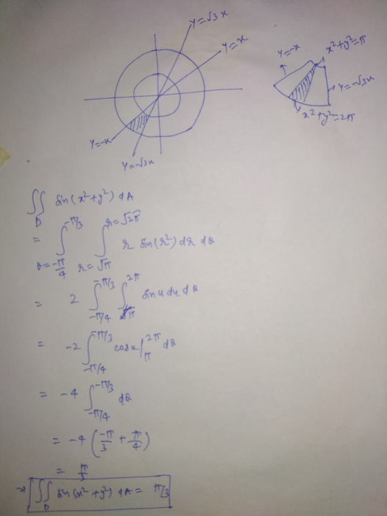 Y = √3x .Yox Ya- x² + y2 = - du x2 tynn 25 Yax- Yarsu SS Sin (22 + y²) a A D -17 r sin (²) dr do a r= Jr 2 ſmo sinudu da 2T 1