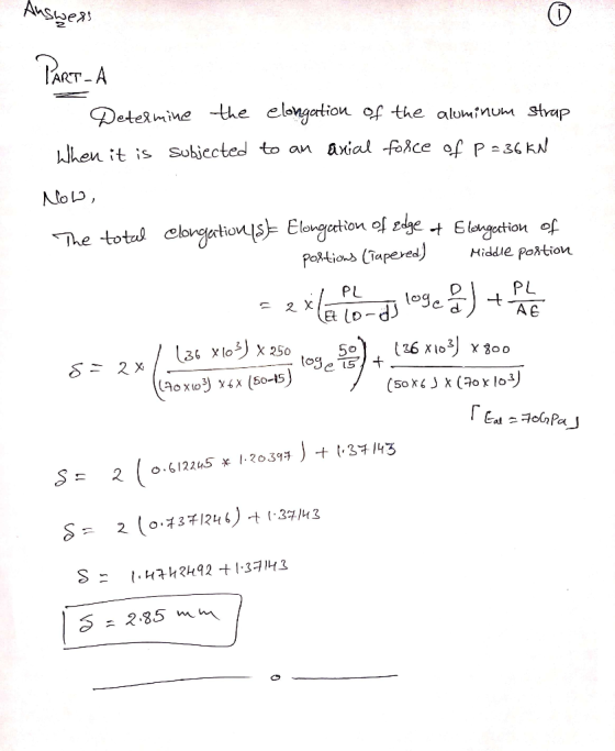 Answers PART-A Determine the elongation of the aluminum strap When it is subjected to an axial force of p=36 KN toP, The tota