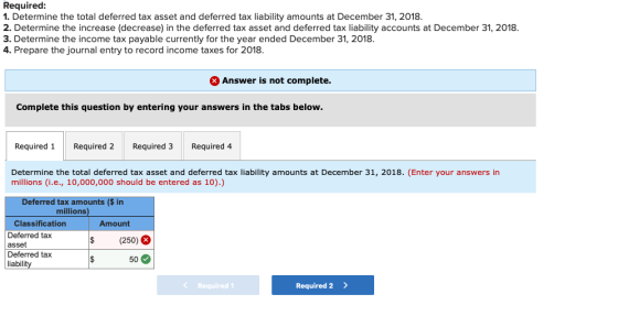 Required: 1. Determine the total deferred tax asset and deferred tax liability amounts at December 31, 2018. 2. Determine the