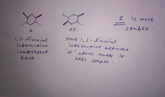 1111 I is more I II stable. 1,3-dianial interaction is note resent here. Here 1,3-dianial interaction between H atoms makes