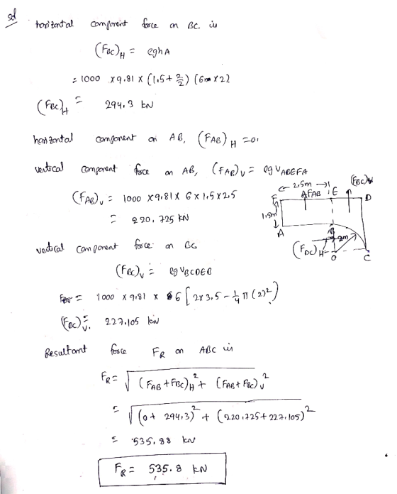 sa horizontal comforent face on BC is (Foc) A = egha - 1000 x9,81 x (105+5) (61m822 (Focht? 294,3 kw hanzontal vertical compo