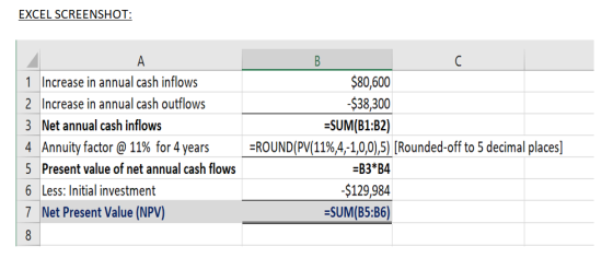 EXCEL SCREENSHOT: 1 Increase in annual cash inflows 2 Increase in annual cash outflows 3 Net annual cash inflows 4 Annuity fa