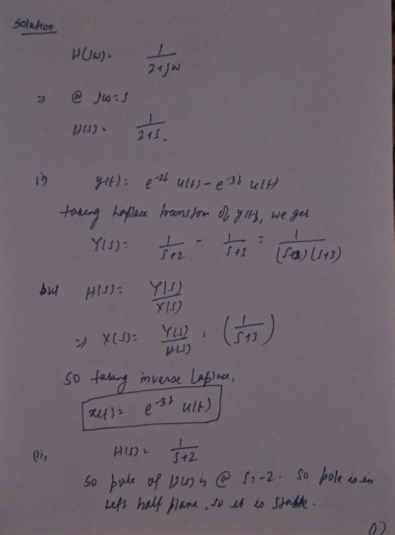 solution e-2 est ult) WUW) 2efw @ Joos 275. ylt): ute) - е 31 ute taking Laplace transform of ylty, we get YIS) (see) (113) b