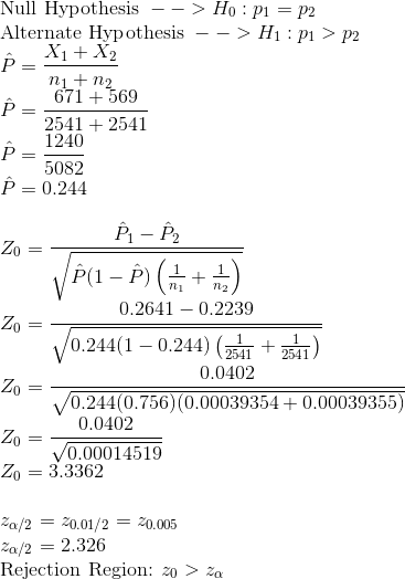 \\\text{Null Hypothesis }--> H_0: p_1 = p_2 \\\text{Alternate Hypothesis }--> H_1: p_1 > p_2 \\\hat P = \frac{X_1+X_2}{n_1+n_2} \\\hat P = \frac{671+569}{2541+2541} \\\hat P = \frac{1240}{5082} \\\hat P = 0.244 \\\\Z_0 = \frac{\hat P_1 - \hat P_2}{\sqrt{\hat P(1-\hat P)\left(\frac{1}{n_1} + \frac{1}{n_2}\right)}} \\Z_0 = \frac{0.2641 - 0.2239}{\sqrt{0.244(1-0.244)\left(\frac{1}{2541} + \frac{1}{2541}\right)}} \\Z_0 = \frac{0.0402}{\sqrt{0.244(0.756)(0.00039354+0.00039355)}} \\Z_0 = \frac{0.0402}{\sqrt{0.00014519}} \\Z_0 = 3.3362 \\\\z_{\alpha/2} = z_{0.01/2} = z_{0.005} \\z_{\alpha/2} = 2.326 \\\text{Rejection Region: }z_0 > z_{\alpha}
