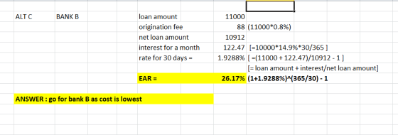 ALT C BANK B 11000 loan amount origination fee net loan amount interest for a month rate for 30 days : 88 (11000*0.896) 10912