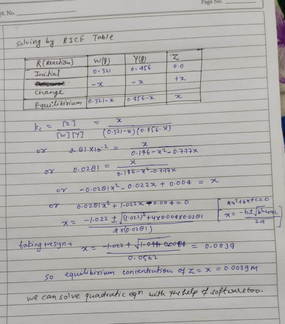 Page No. pt. No. Solving - RIсь Toble z Y(9) 0.456 0.0 R (Reachon) wo Initial 0.321 Pierre change Equilibinium 0.32)-X - 2 ta