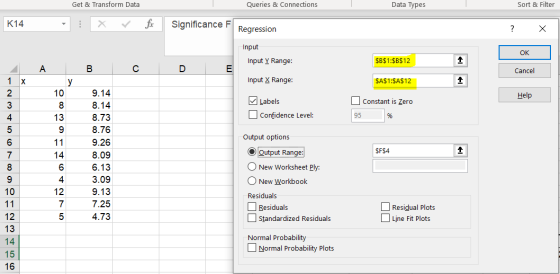 Get & Transform Data Queries & Connections Data Types Sort & Filter K14 fx Significance F1 Regression ? X Input OK Input Y Ra