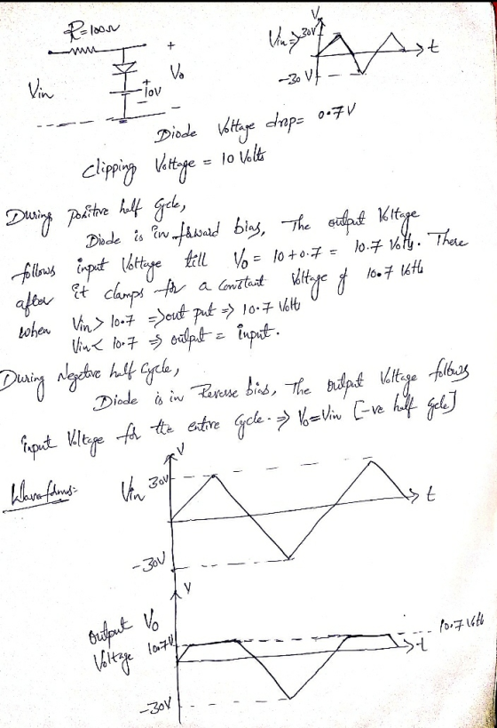 R=100 100. the assory АА Vin lov VO --30 Vf Diode Voltage drop= 0.7V lo Volts During positive helf gele, clipping Voltage Dio
