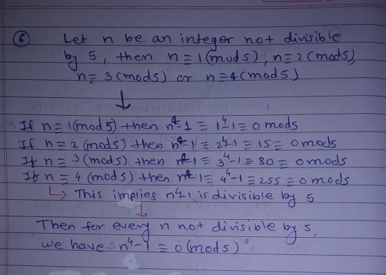 Let n be an integer not divisible by 5, then nal mods), n=2(mods) n 3 (mods) ar n = 4(mods) t If n = 1 mod 5) then nt1 = 14 =