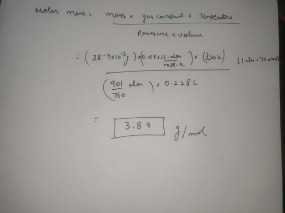 Moler mess mess & gas constant & Temperature prug ure & volume 389 32/L-alan mol-k I atm = 7botom = ( 8° 8x1039 140 10821-alo