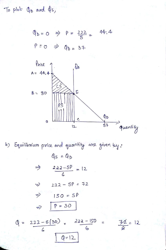 To plot Qo and as 44.4 PD= 0 p=0 = P = 222, = 90 = 37 Price 1. A= 44.46 ds B = 30 .. quantity Ć b) Equilibrium price and quan