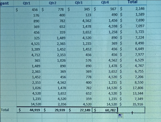 gent Qtr1 Qtr2 Qtr3 $ 456 S 576 345 $ 123 778 $ 400 782 652 890 369 456 359 1,489 2,365 1,452 2,353 1,026 890 4,562 1,478 3,6