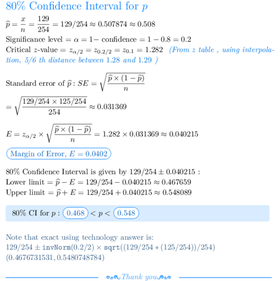 80% Confidence Interval for 129 n 254 129/254 0.507874 0.508 Significance level -a-1- confidence1-0.8 0.2 Critical z-value-za