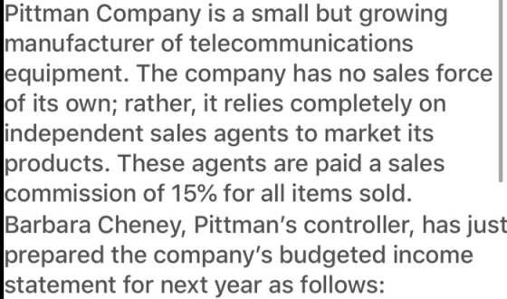 Pittman Company is a small but growing manufacturer of telecommunications equipment. The company has no sales force of its ow