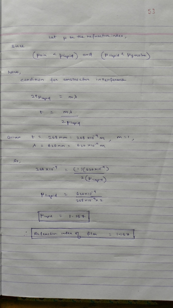 53 gin La OA1H Jouw conditon to cansthe eHo inter fen 2t - 620nm 2. (H Rafnaet index fii 1.15チ