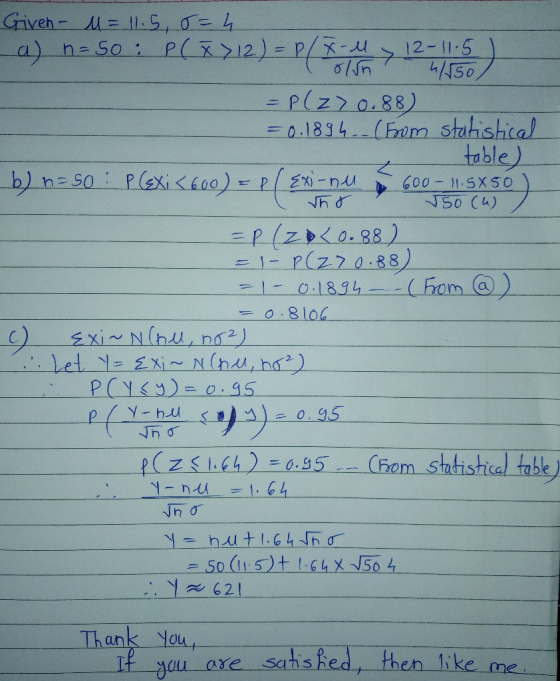 12-11.5 L Given- u = 11.5 = 4 a) n= 50: P(x> 12) = P(x-4 12 11.5 = P(27 0.88) = 0.1894. - (From statistical e table) b) n=50