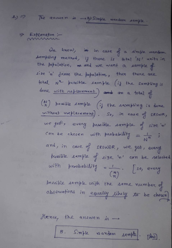 ナ Exnanation :- in case a imple vandam sampling method,thore is tal N nits in the opalatian, 따 and we want a sample size n