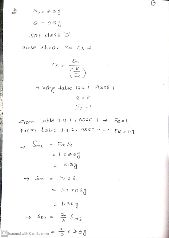 Ss - 0.33 Si = 0.89 SITE class D Bose Shear V= ( sh SIS Cs R Veing table 13.3.1 ASCE 7 R=8 Ic=1 Fo=1 from table 11.4.1, ASC