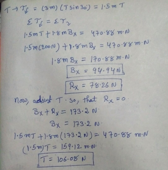 TAT = (3m) (T sin3o) = 1.5m T 21 = 27 1.5mit 1.8 m B x = 470.88 m.n. 1.5m (2000) tr.8mBy = 470.88 m.N 18 m B x = 170.88 m. N.