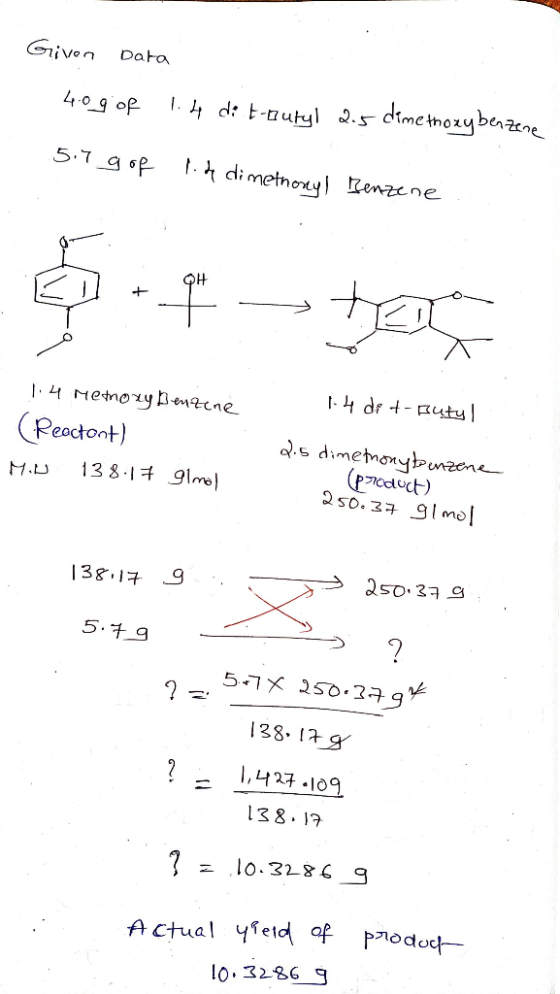 Given Data 1.4 di t-Butyl 2.5 dimethoxybenzene 40g of 5.7 gof 1.4 dimethoxyl Benzene . X 1.4 drt-Butyl 1.4 Methoxybenzine (Re