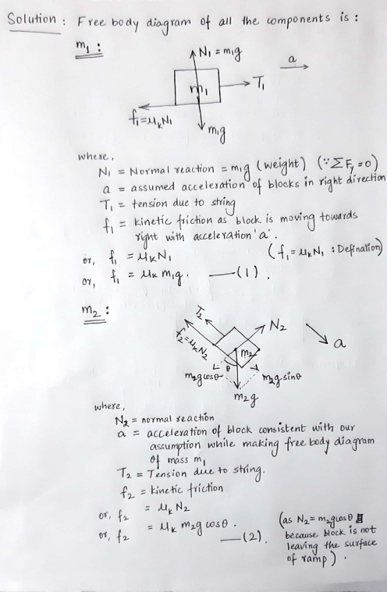 Solution : Free body diagram of all the components is : ANO = mig T mi fr = u No v mig where, Ni = Normal reaction = mig (wei