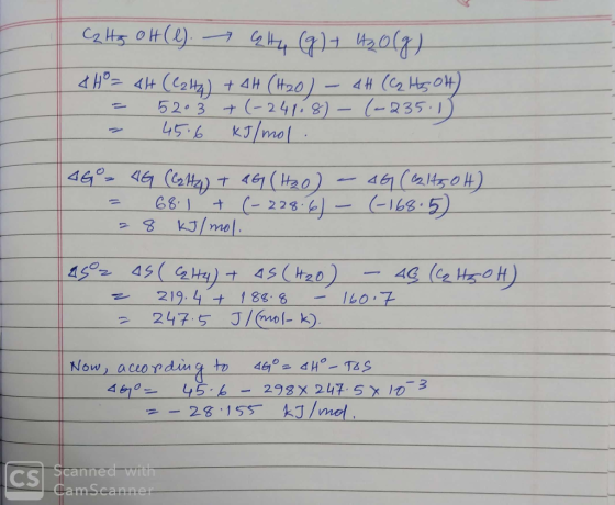 Cz Hg OH (l). 7 Calty (g) + 4₂0(g) 44 = 4H (Calta) + 4H (H2O) - 4H (C2 Hs Olt) = 5203 + (-241.8) -(-235.1) - 45.6 kJ/mol. 4G