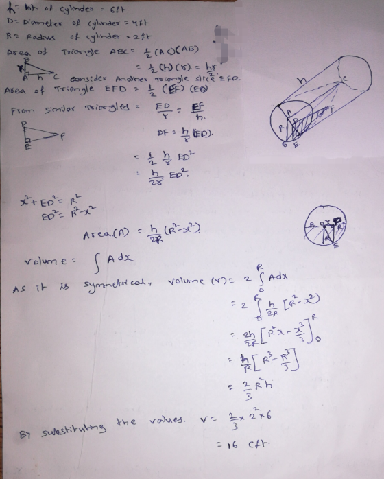 hint of cylindes = 6ft. D = Diameter of cylinder auft R= Radius of cylinder ft Area of Triongle ABC = (A () CAB) - W (8).- ho