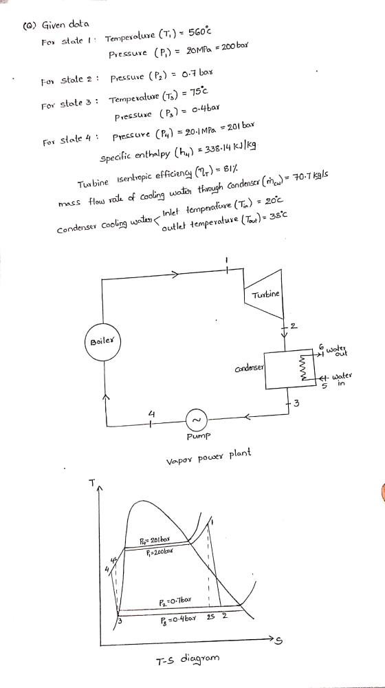 (Q) Given data For state 1: Temperolure (T.) - 560°C Pressure (P) = 20MPa = 200 bar For state 2 : Pressure (P2) = 0.7 bar For