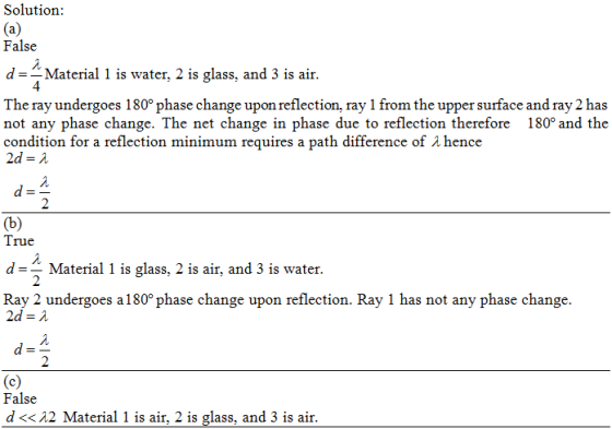 Solution False dMaterial 1 is water, 2 is glass, and 3 is air The ray undergoes 180° phase change upon reflection, ray 1 from