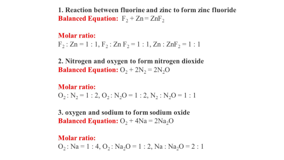 1. Reaction between fluorine and zinc to form zinc fluoride Balanced Equation: F2 + Zn= ZnF2 Molar ratio: F2: Zn = 1:1, F2: Z