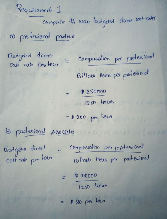 Requirement. 1 compute the 2020 a) profesional postres budgeted direct cost rakes Budgeted direct cost rate per hour Corymosa