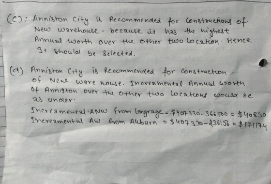 (C): Anniston city is recommended for constructions of New warehouse because it has the highest Annual worth over the other t