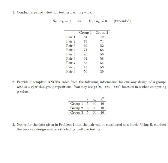 I. Conduct a paired t-test for testing μD--μι-μ2: H0 : μD = 0 H1 : μD (two-sided) 0 vs. Group 1 Group 2 Pair 1 Pair 2 Pair 3