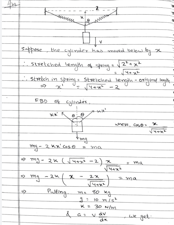 Ans 2 umus x V the .. stretched suppose cylinder has moved below by xe length of spring :. stretch in spoing - Stretched leng