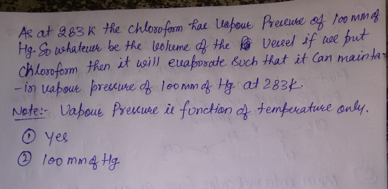 As at 283k the chloroform has leapour Presswel of 100mm of Hg. So whate uer be the loleme of the Ro vesset if we but chlorofo