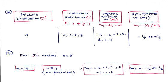 2 Principle quantum no en) Azimuthal quantum no (1) Magnetic quantum no emi) spin quantum no (ms) l= o to(n-1) mis td to l ms