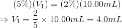 (5%) (V1) = (2%)(10.00mL) =V1 = x 10.00mL = 4.0mL