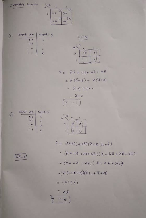 a variable komap AB | Ав AB Input AB outputs y K-map 0 - 0 Y = Ā Š & ĀB+ A BT AB - Ā (6+ B ) + A (8+) = Ā (1) +A(1) = ĀTA y=1