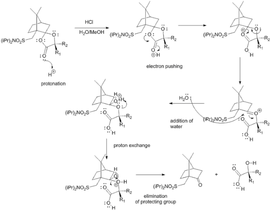 HCI O: H2O/MeoH (iPr)2NO2S O: (iPr)2NO2SO : O electron pushing protonation H2O てiR0,NOS/イ。 addition of water : O proton excha