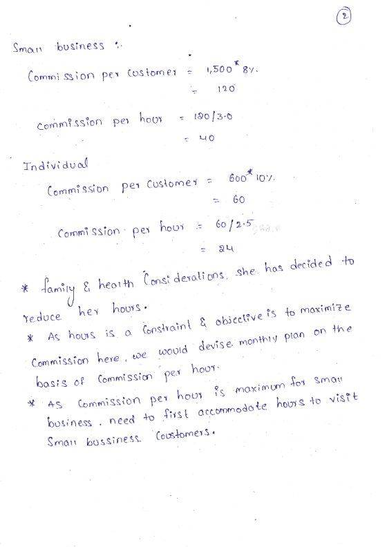 Small business Commission per customer = 1,500*87. = 120 Commission per houx = 180/3.0 40 Individual Commission per customer