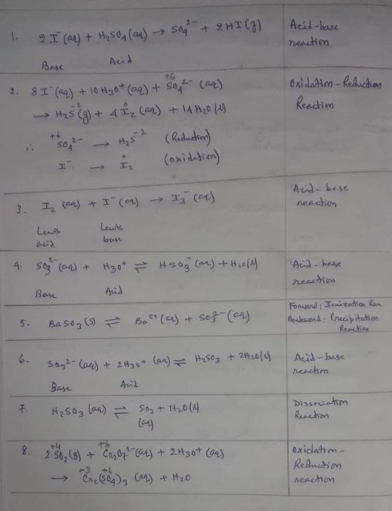 + 2 HI(g) 1. 2 I (as) + H₂SO, (aq) → soa Acid-base reaction Base Acid Oxidation - Reduction Reactim 2. 8 I (aq) + 10 Hgo+ (aq