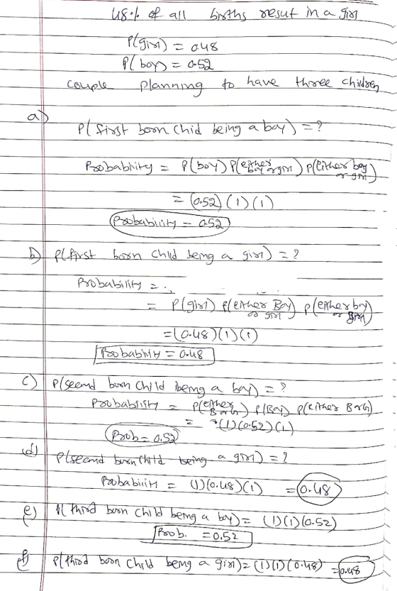 u8% of all births resut in a gin Plgin) = 0.48 P(boy) = 0.52 to have three children couple planning Pl first boon Chid being