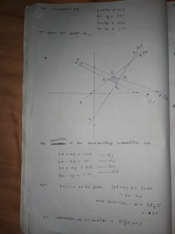 The restrictions are 5x+19y > 1010 4n-By < 17! 32 +177 < 956 3:49 we draw the graph Pu P3 Pi (6) The equalities egues of the