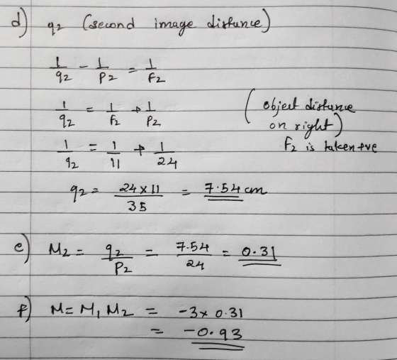d) qz (second image distance) be ý t he object distance on right) f₂ is taken tve 24X11 Lom 922 24x11 - 7:54 cm 35 e) Me - 15
