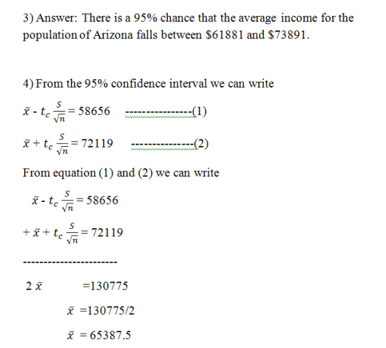 3) Answer: There is a 95% chance that the average income for the population of Arizona falls between $61881 and $73891. 4) Fr