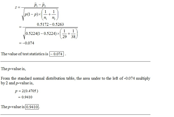 n,n, 0.5172-0.5263 0.5224(1-0.5224) 29 38 0074 The value of test statistics is 0.074 The p-value is, From the standard normal