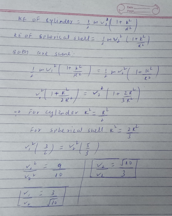 Date Page KE OF Cylinder - Imvill it k R2 Kt of spherical shell- & muy (1 tk R2 Both are same: I muil ( 17 ) = m + k) • For c