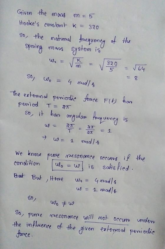the mass Given m = 5 Hookes constant k= 320 so, the natural frequency system of the sproing mass 320 m √64 SO) - 8 4 road If