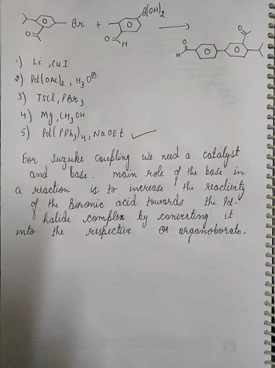 no Br + To 채 :) Li ,cu I 2) PelloAc)& , H₂O 3) Tsel, P Brez 4) mg , CH ₂ OH 5) Pdl PPhyly, Nadet - For Suzuki coupling we nee