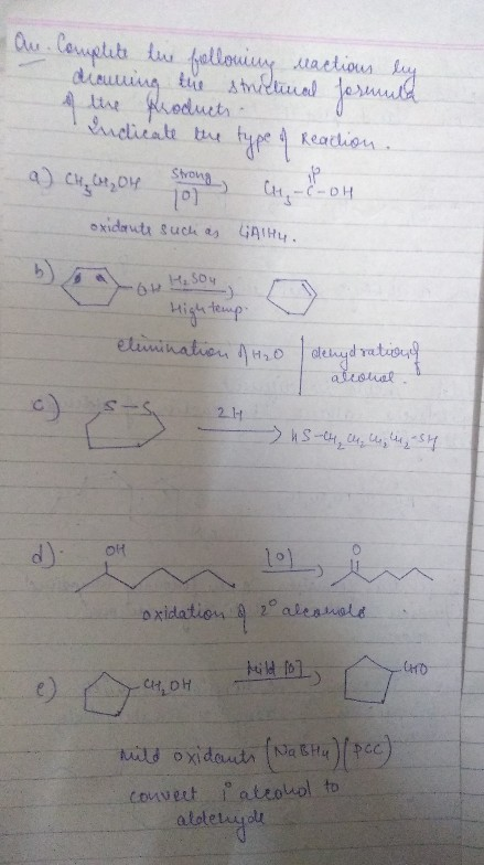 - Ou. Complete the following eactions by dronning the structional formula & the products Indicate the type of Reacion. a) CH